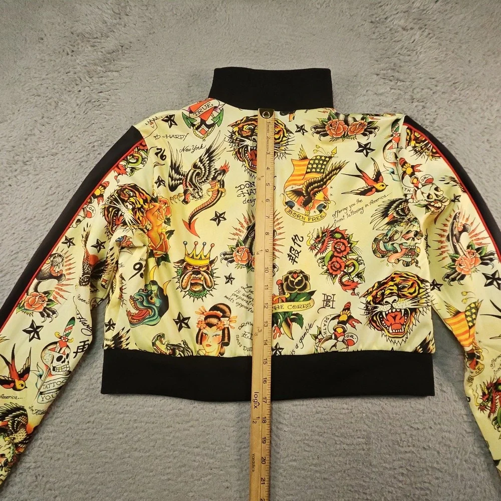 Ed Hardy Track Jacket Womens XL Shrunken Flashboard Multi Tattoo Cropped Y2K AOP